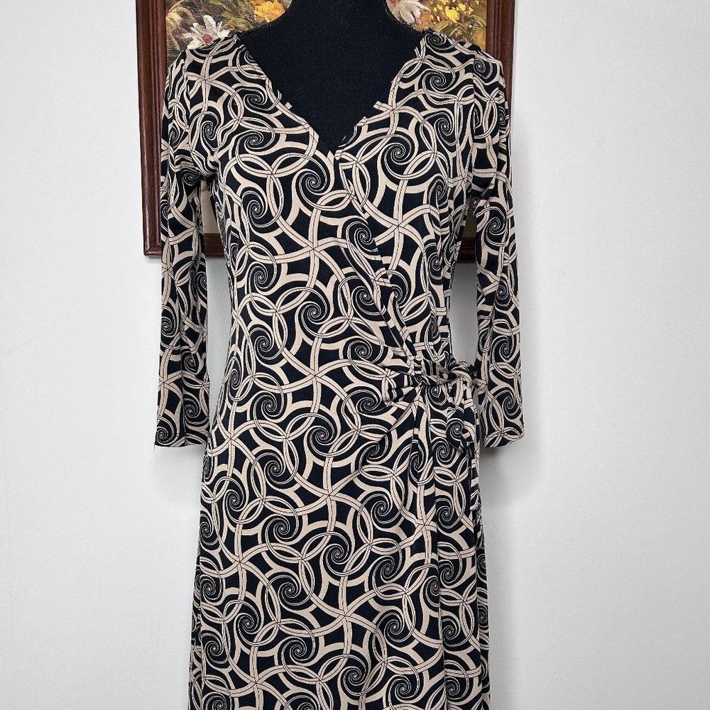 London Times Wrap Around Dress Women's 8 Black Brown Abstract Spiral Party